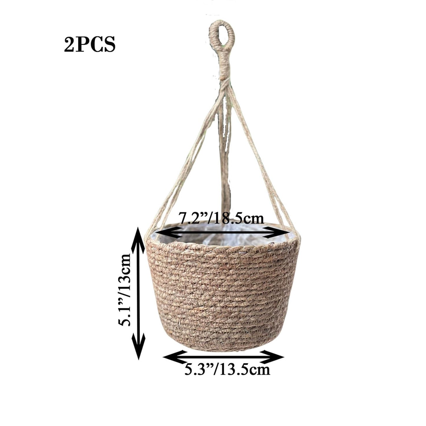 Laquedecraft Woven Seagrass Plant Basket with Hangers | Decorative Planter for Small-Space Living or Natural Home Styling | Perfect for Living Room, Balcony, Patio, Kitchen or Gadren (Set of 2)