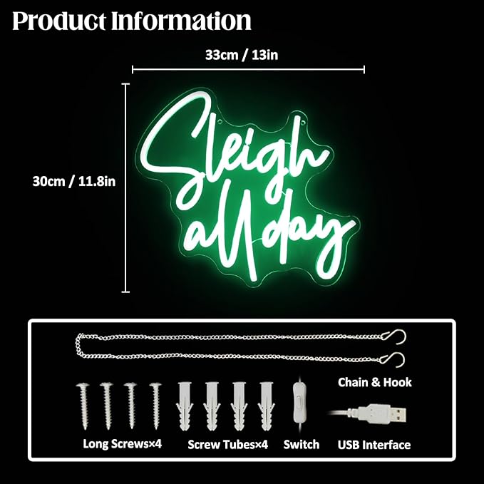 Sleigh All Day Neon Lights Signs Christmas Neon Sign Green Letter LED Neon Lights for Wall Words Xmas Neon Light Up Sign for Bedroom Bar Man Cave Christmas Party Decor