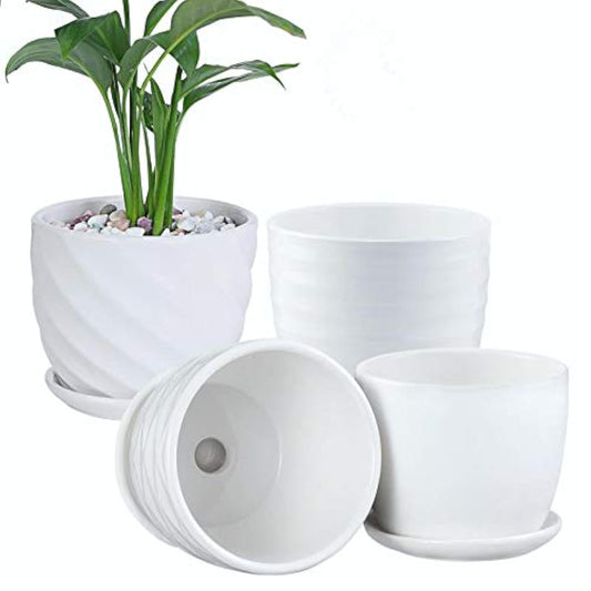 sietpoek Plant Pots - 4.7 Inch Cylinder Ceramic Planters with Connected Saucer, Pots for Succuelnt and Little Snake Plants, Set of 4, White