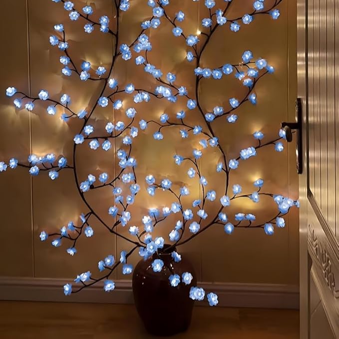 Blue Cherry Enchanted Willow Vine Lights,4FT 48 LED Cherry Blossom Lights with Remote Timer,8 Lighting Modes,LED Tree Branch Light for Wall,Cherry Blossom Wall Decor for Bedroom Living Room Windows