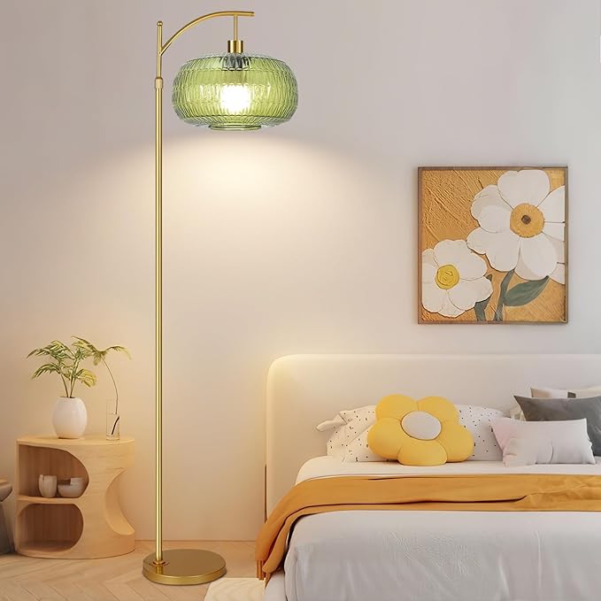 Green Floor Lamp for Living Room,Bedroom,Gold Dimmable Standing Lamp with Remote,Mid Century Modern Brass Tall Lamp Boho Floor Lamps Arc Stained Glass Floor Light Lamp Girls Bohemian