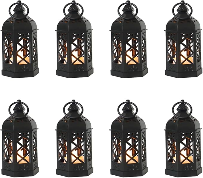 8-Pack Mini Lanterns with Flickering LED Candles for Ramadan, Moroccan Decorative Hanging Lanterns for Halloween, Christmas, Wedding, Black Lantern for Table Centerpiece, Home & Party Decor