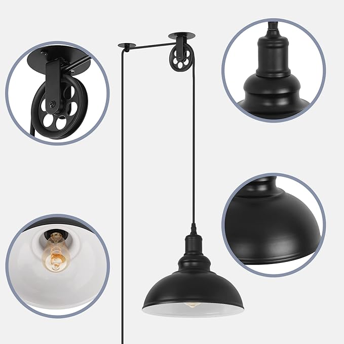 Industrial Black Plug in Pulley Pendant Light with 19.5ft Cord On/Off Switch, Modern Barn Domed Hanging Lamp Ceiling Light for Kitchen Island Dinning Living Room Bedroom Foyer (2 Pack)