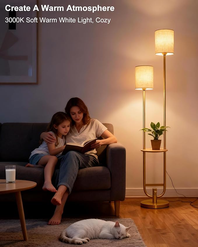 Lightdot 63Inch Floor Lamp with Table Dimmable Gold Floor Lamp for Living Room 2-Light Mid Century Modern Tall Standing Lamp with Fabric Shade for Bedroom/Sofa Beside/Corner Decor(Bulbs Included)