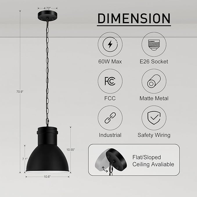 2 Pack Black Pendant Lights Kitchen Island, 10.6" Large Metal Shade and 70.9'' Adjustable Height, Farmhouse Hanging Pendant Light, Modern Pendant Lighting Fixtures for Kitchen Island/Bar, No E26 Bulb