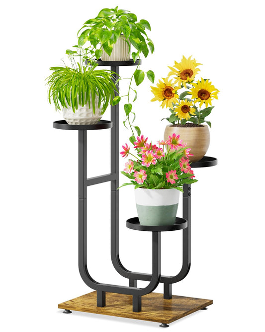 iDavosic.ly 4 Tier Plant Stand Indoor, Corner Tiered Multiple Flower Holder Shelf with Metal Trays, Orchid Display Wooden Rack for Patio Porch Living Room Balcony Outdoor, Modern Black & Rustic Brown