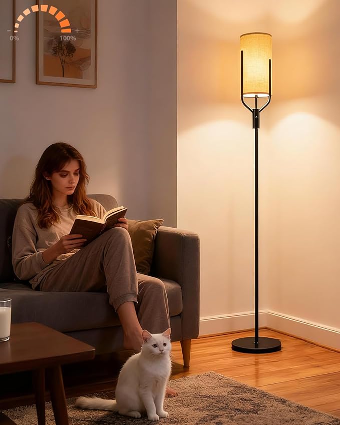 64.6IN Black Floor Lamp - Dimmable LED Floor Lamp with Linen Shade, 3000K Soft Warm White | Bulbs Included | Modern Tall Lamp for Living Room, Bedroom, Wedding & Party