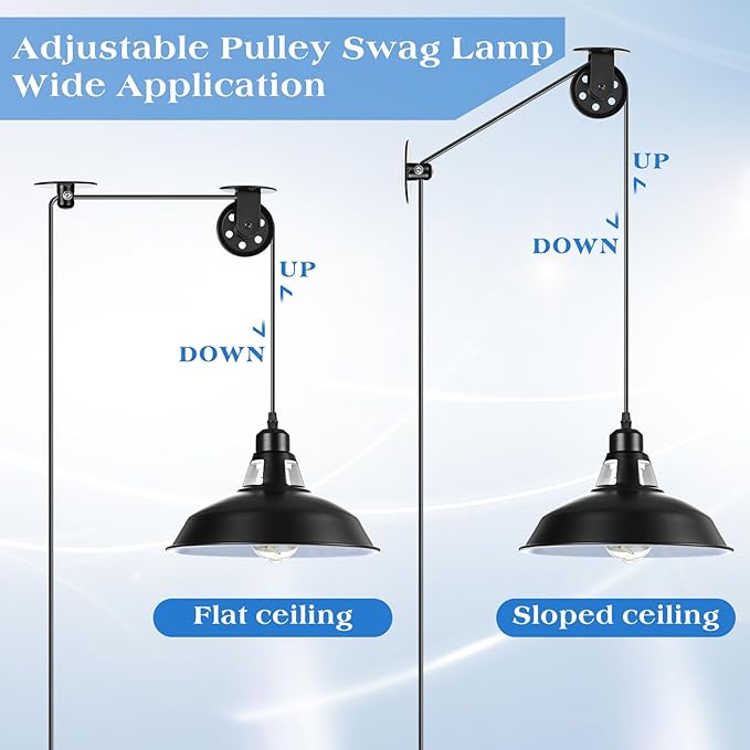 VIHOSE 4 Pcs Industrial Vintage Plug in Pendant Ceiling Light Hanging Lamp E26 E27 Hanging Light Fixtures with Plug in Cord 14.76ft Switch, Metal Adjustable Pulley Wall for Bedroom Restaurant Kitchen