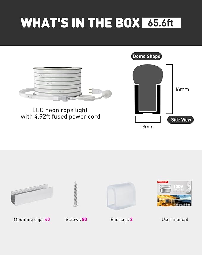 Shine Decor LED Rope Lights AC 120V, Connectable & Cuttable Dotless 120LEDs/M Eco Neon Strip Lighting, ETL IP65 Waterproof & Weather-Resistant for Home Commercial, 8x16mm, 4500K Neutral White, 65.6FT