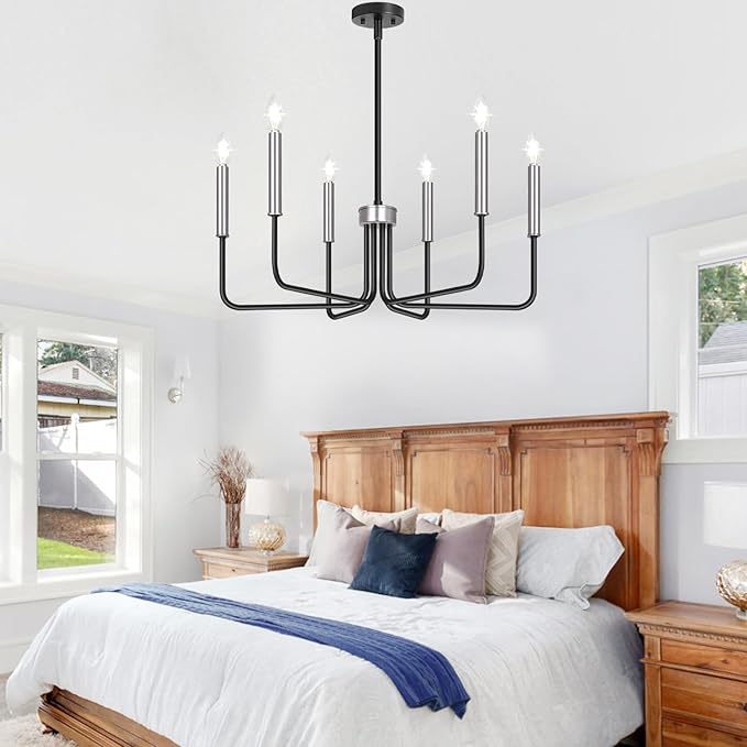6-Light Farmhouse Chandelier for Dining Room Lighting Fixtures Hanging, Black and Silver Dining Light Fixtures Industrial Chandelier for Bedroom, Foyer, Hall, Kitchen, Living Room and Entryway