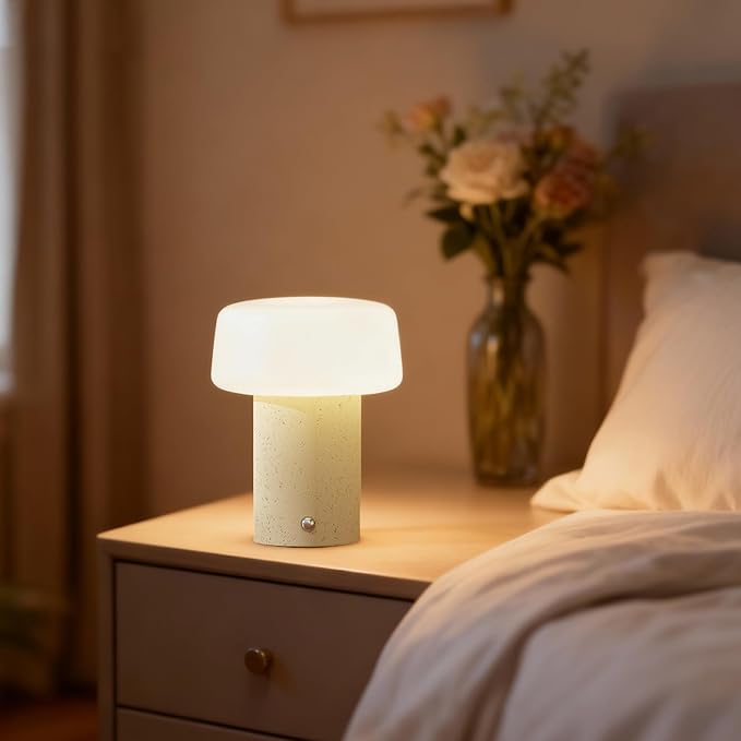 7 inch Mushroom Lamp, Cute Cordless Rechargeable Table Lamp with Glass Shade, 3 Color Temps LED Dimmable Ambient Lighting, Small Retro Touch Bedside Light for Decor, Resin Base.