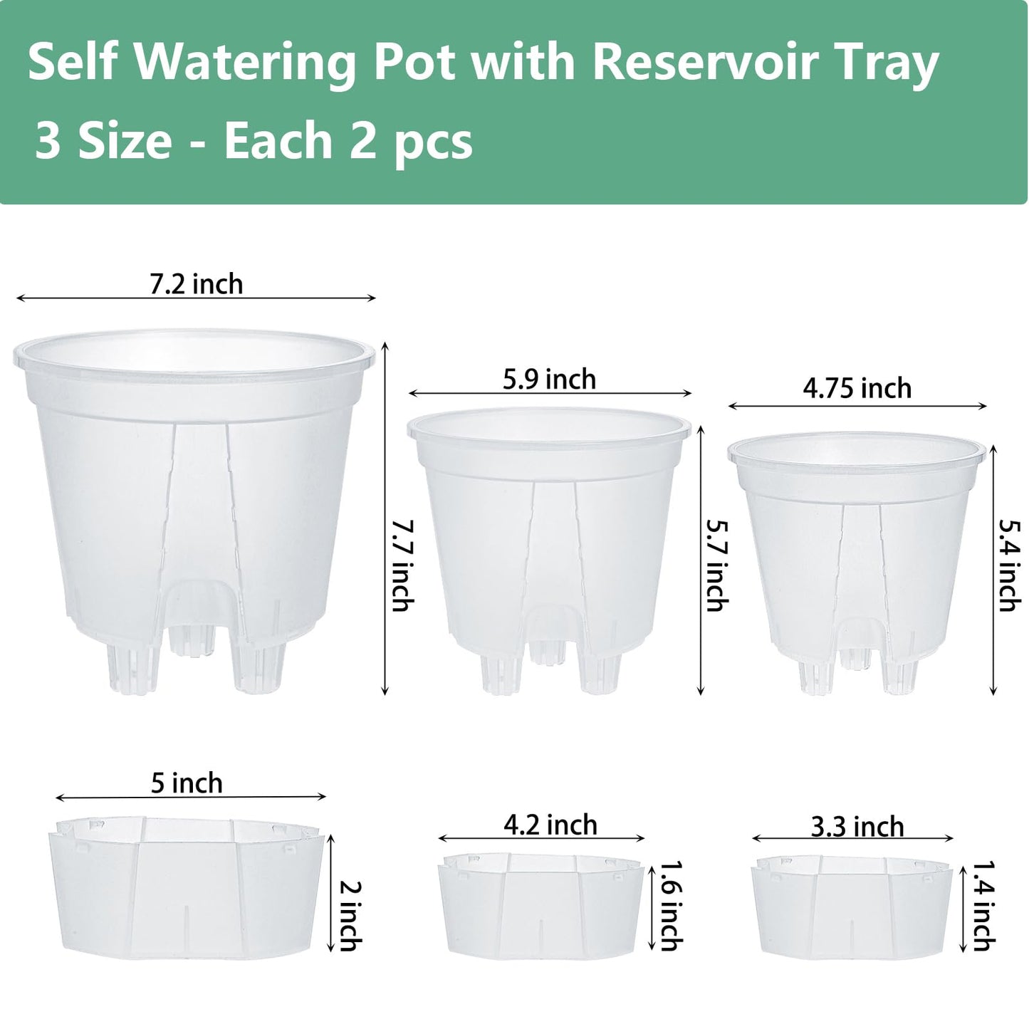 yarlung 6 Pack Self Watering Pots for Indoor Plants with Reservoir Tray and Holes, Clear Plastic Self Watering Planters for Outdoor Plants Flowers, Round 4.75" 6" 7"