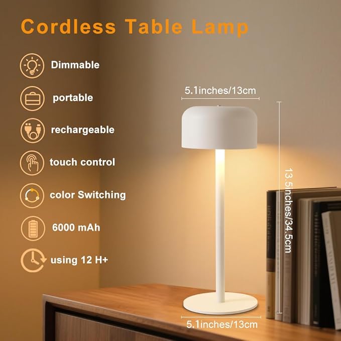 Modern Cordless Table Lamp, Portable LED Desk Lamps, 6000mAh Rechargeable Battery Operated Lighting for Bedroom Dining Room Restaurant Coffee Shop Camping Night Light (White)