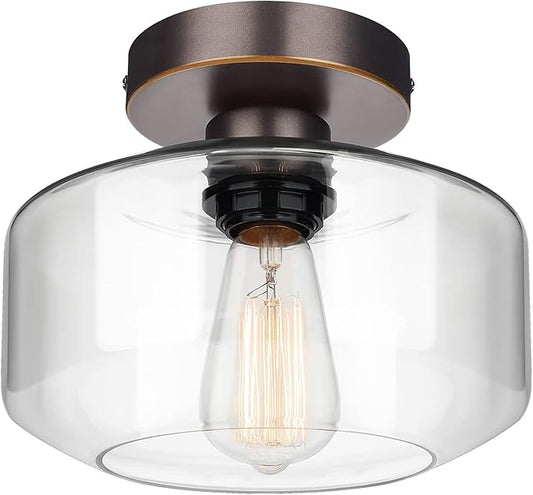 MAXvolador Industrial Semi Flush Mount Ceiling Light, Clear Glass Pendant Lamp Shade, Oil Rubbed Bronze Farmhouse Lighting, Hanging Light Fixture