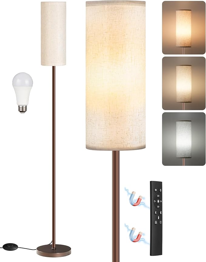 Dimmable Floor Lamps for Living Room with Remote and Foot Switch, 64.4” Modern Standing Tall Lamp, Corner Lamp for Bedroom, Bulb Included, 3000K-6500K, Beige and Brown, FCC Listed VE06LD05W1