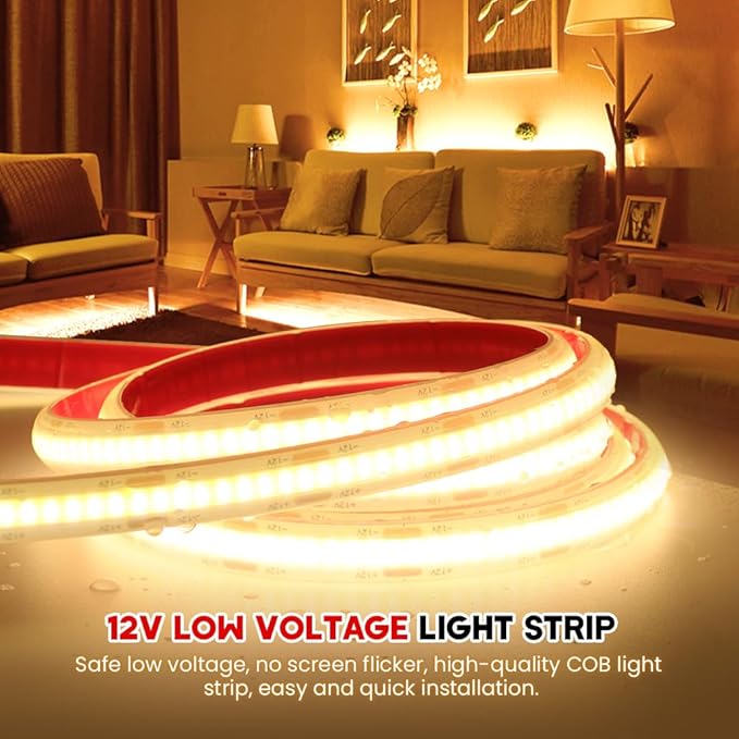 12V COB LED Strip Lights 320 LEDs/M IP68 Waterproof Super Bright DC Flexible LED Tape Lights with Power Adapter for for DIY Bedroom Kitchen Home Decor