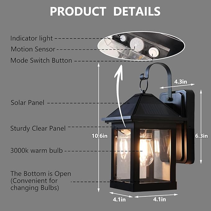 Solar Wall Lights Outdoor,2 Pack Solar Wall Lanterns Waterproof Dusk to Dawn Motion Sensor LED Sconce Lights E26 Bulb Exterior Front Porch Security Lamps Wall Mount Patio Fence Decorative
