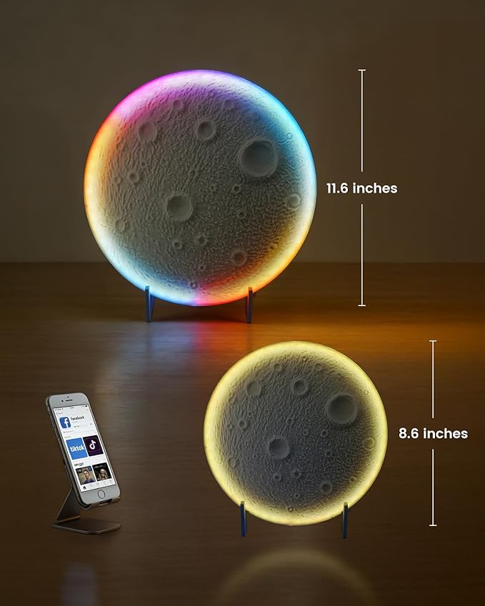 3D Moon Lamp – 3D Printed PLA Floating Moon, APP & Manual Control, RGB Music-Sync, Desktop & Wall-Mountable Night Light for Home, Kids, Party (Moon 8.6lnches)
