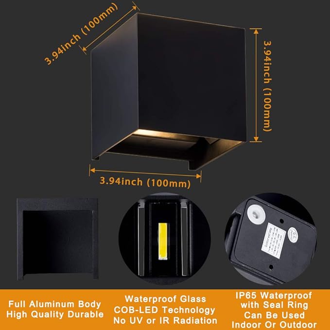 LANFU LED Aluminum Waterproof Outdoor Wall Sconce, 100-277V 3000K Outdoor Cube Square Wall Light Warm Light 2 LEDs Black 6W Outside Wall Lights for House Patio