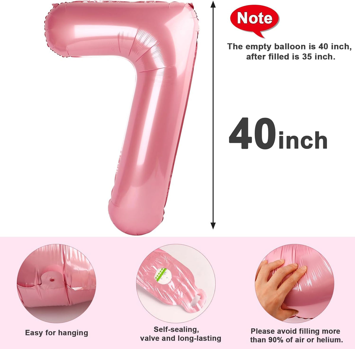 Pastel Pink Number 7 Balloon by [Brand Name] - 40 Inch Birthday Decoration for 7th, 17th, 27th, and 70th Celebrations
