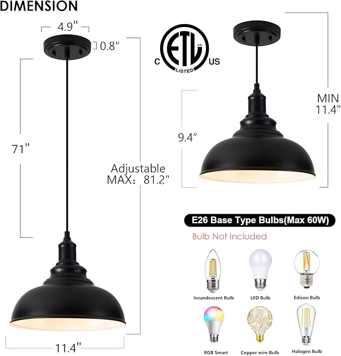 1 Pack Farmhouse Pendant Light Black Pendant Lighting for Kitchen Island Industrial Hanging Barn Light Pendant Lighting Over Island Sink Light Fixtures