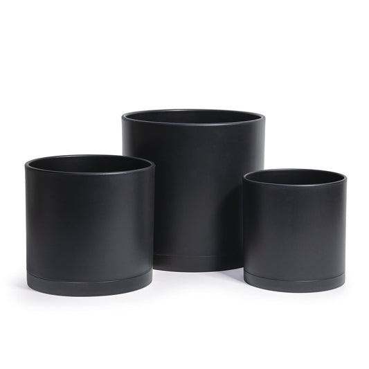 D'vine Dev 6.5 Inch 8 Inch 10 Inch, Set of 3 Plastic Planter Pots for Plants with Drainage Hole and Seamless Saucers, Black Color, Large, 74-V-B-4