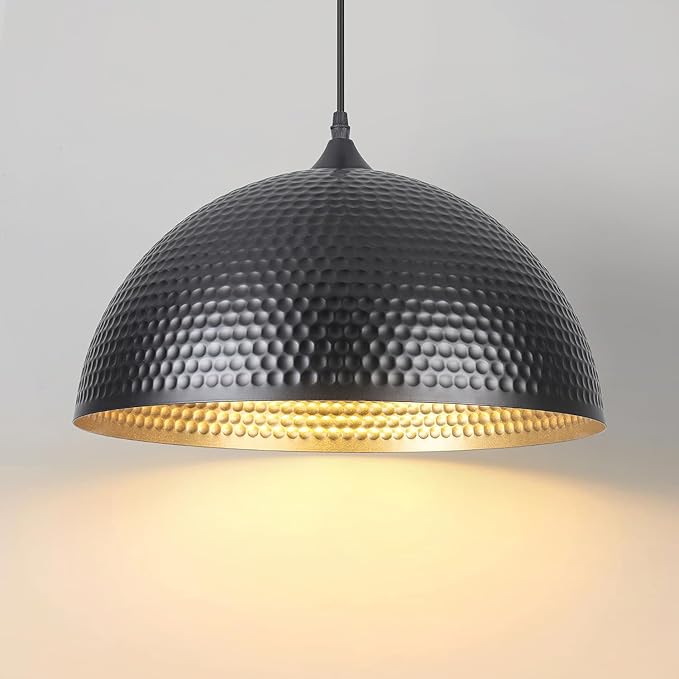 16 inch Black and Gold Pendant Light 1 Pack, Hammered Large Industrial Pendant Lights Kitchen Island, Black Dome Pendant Light for Kitchen Island, Dining Room, Bar