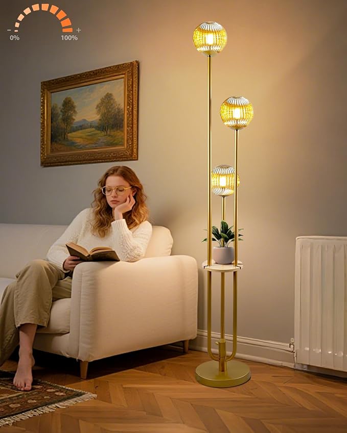 Lightdot Glass Floor Lamp with Shelf, 63IN Dimmable Mid Century Modern Gold Standing Lamps with 3 3000K Bulbs Included, Globe Floor Lamp for Living Room/Wedding/Office//Sofa Beside/Corner Decor