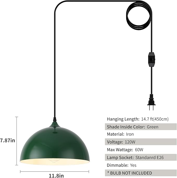 Green Plug in Pendant Light 2 Packs 11.8inch, Farmhouse Pendant Light, Kitchen Pendant Light, Pendant Lights Kitchen Island, Hanging Lights with Plug in Cord for Kitchen 14.7 ft