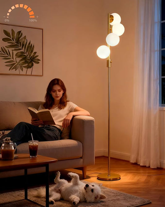 Lightdot 64IN Dimmable Globe Floor Lamp, Modern Gold Standing Lamps with 4PCS 3000K Bulbs Included Soft Warm White Eye Care, Mid Century Floor Lamp for Living Room/Bedroom/Sofa Beside/Corner Decor