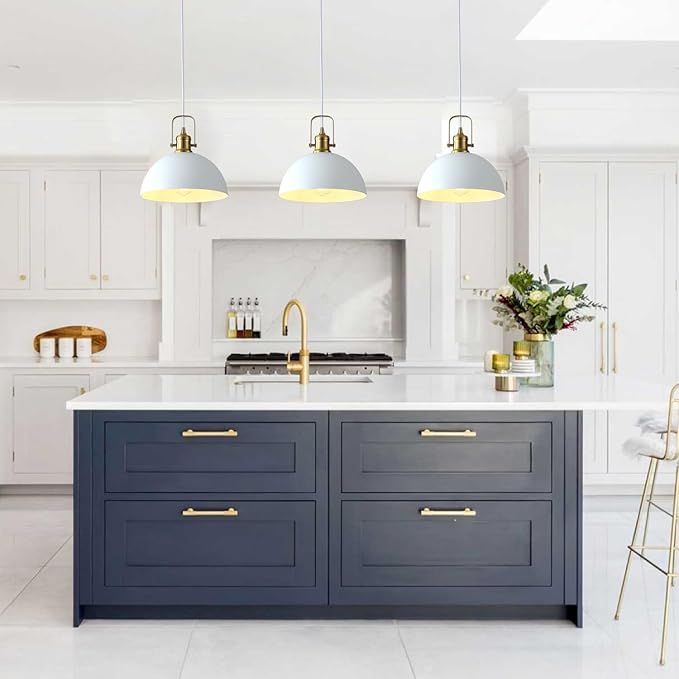 Kitchen Pendant Lighting Over Island 2 Pack, Modern White Gold Metal Pendant Lights, Ceiling Hanging for Kitchen Living Dining Room Restaurant Hallway Entrance