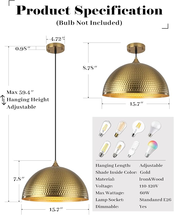 Gold Pendant Light 16 inch, Hammered Large Dome Pendant Light, Industrial Farmhouse Pendant Lights Kitchen Island, Gold Kitchen Pendant Lights for Kitchen, Dining Room Living Room 2 Pack