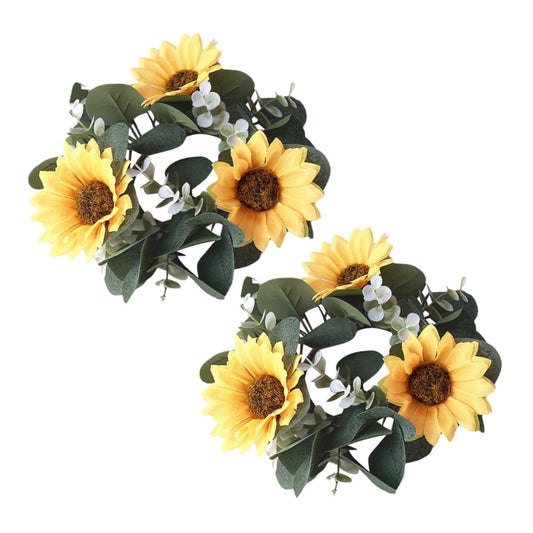 Ciieeo 2pcs Sunflower Eucalyptus Candle Wreaths for Spring Decor Lifelike Floral Centerpieces for Weddings and Home Farmhouse Style Candle Decoration