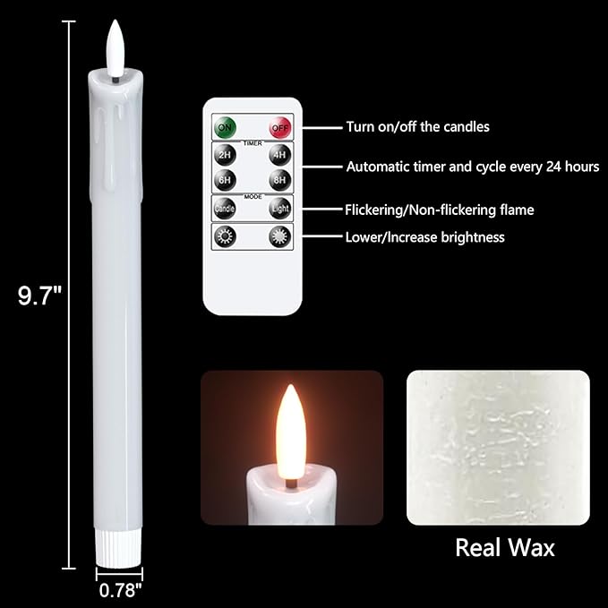 Rechargeable Flameless Taper Candles with Charging Station & Remote Timer, 6 Pcs Real Wax LED Taper Candles, Battery Operated Candlesticks for Home Wedding Christmas Decorations (White)