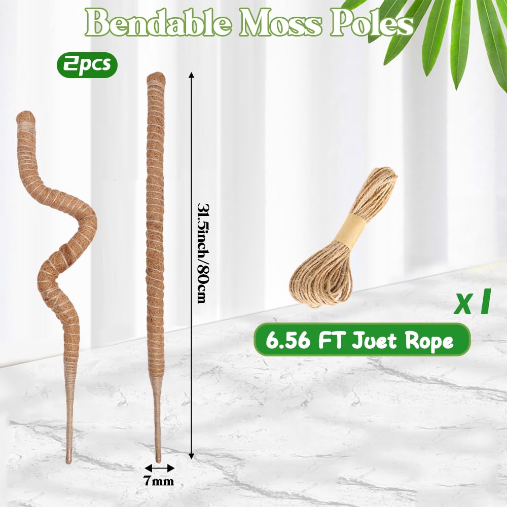 Moss Pole 2 Pack 32 Inch Monstera Plant Support Bendable Moss Pole for Monstera Plants Indoor Handmade Coco Coir Pole Plant Sticks Support Stakes for Potted Plants Philodendron to Grow Upwards
