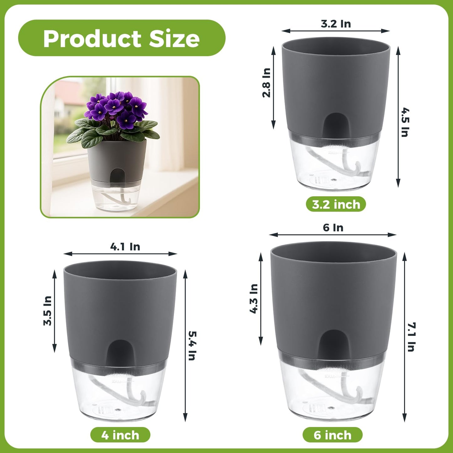 Planterhoma 6 Pack Self Watering Pots for Indoor Plants, 3.2/4/6 Inch Plant Pot Plastic Self Watering Planter for Orchid, African Violet, Small Clear Flower Pots with Drainage Holes and Wicking, Grey