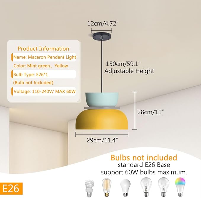 Macaron Kitchen Island Pendant Light Boho Yellow Blue Lamp Shade Mid Century Modern Hanging Light Fixtures Nordic Retro Hanging Pendant Light for Entrance Laundry Room Breakfast Nook