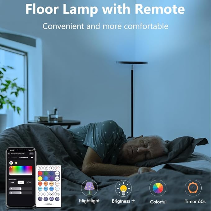 YHW Living Room Floor Lamp, Smart 2000LM Bright Floor LED Lamps, 16 Million RGB Dimmable Color Temperature Standing Tall Lamp with Remote Touch Button, Adjustable Angle Floor Lamp for Bedroom Office.