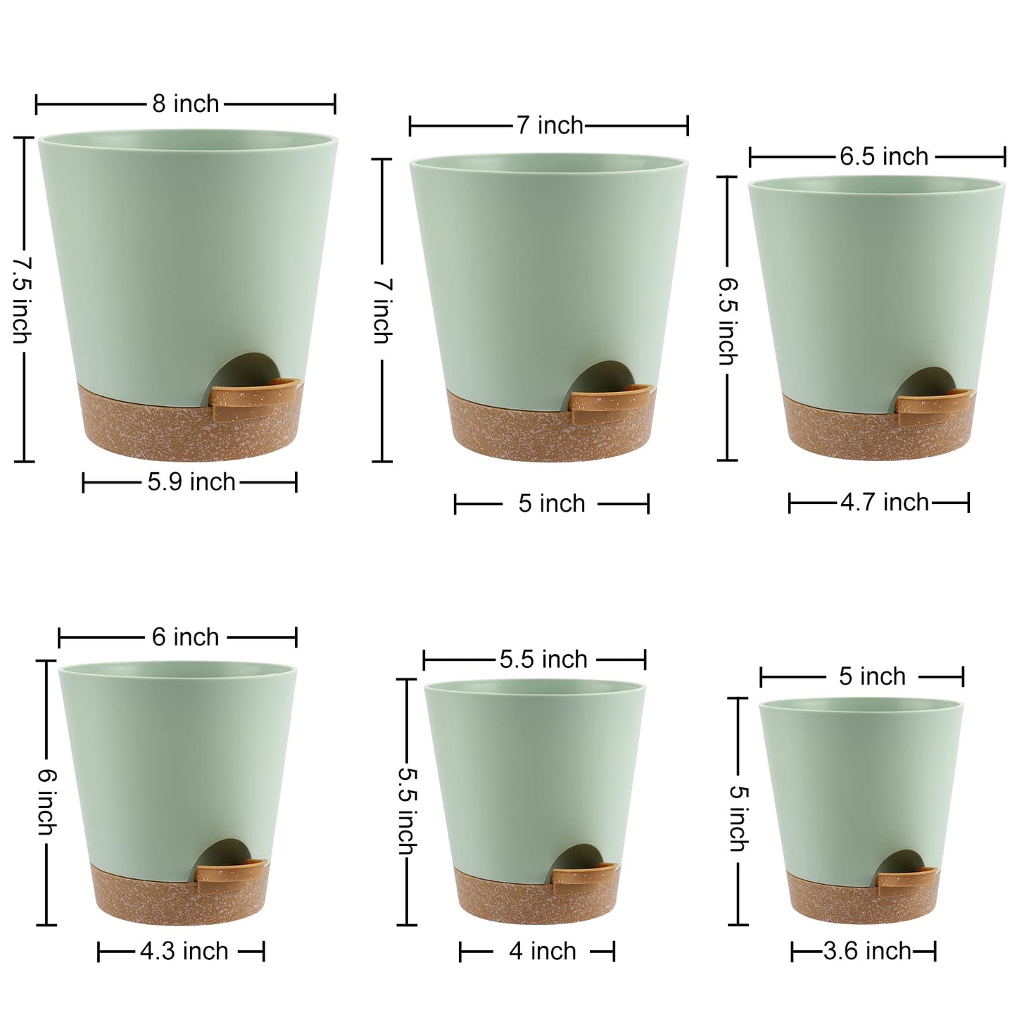YNNICO Indoor Self Watering Planters with Drainage Holes and Saucers, 8, 7, 6.5, 6, 5.5, 5 Inches, Green, 6 Pots.