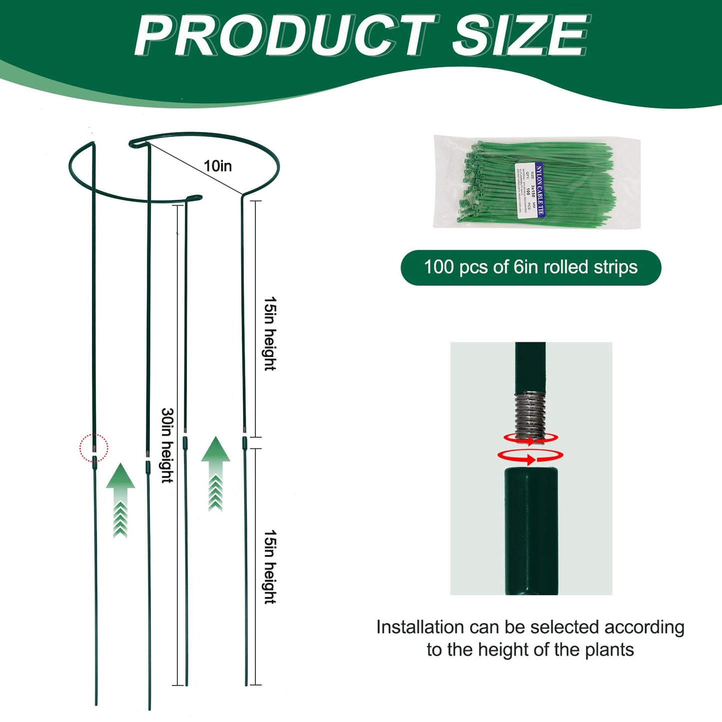 Tall Heavy-Duty 30in Plant Support Stakes - 8 Pack Adjustable Peony Cages & Supports for Outdoor Plants, Half-Round Garden Stakes for Hydrangea, Roses with Extension Stakes