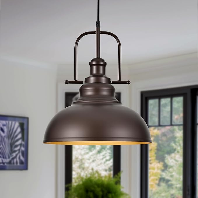 TAKEGO 11.8” Farmhouse Pendant Lights Kitchen Island, Oil Rubbed Bronze Rustic Pendant Light Fixture, Vintage Dome Pendant Light, Industrial Hanging Ceiling Lamp for Dining Room, Hallway
