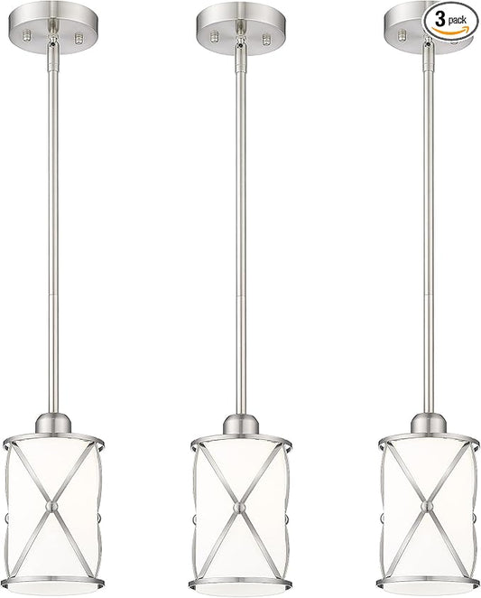 Brushed Nickel Pendant Lights Kitchen Island 3 Pack, Milk Glass Kitchen Pendant Lighting Over Island with Rods, Modern Mini Hanging Light for Sink Dining Room, CH9176BNW-3PK