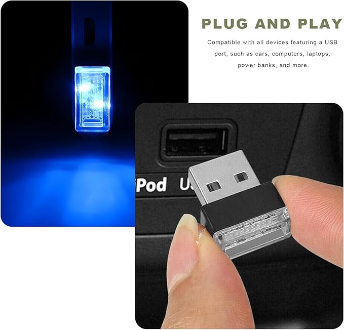 4 PCS USB LED Car Interior Atmosphere Lamp, Mini Night Light Plug-In Trunk Ambient Lighting Kit, Portable USB Interface LED Lamp Interior Decoration for Vehicle Home Office (Blue+Ice Blue)