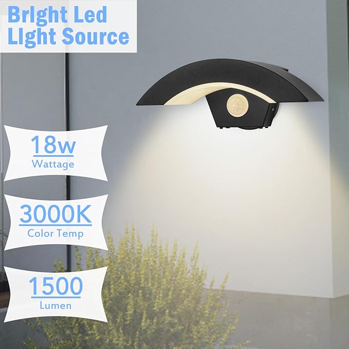Motion Sensor Outdoor Lights 18W 1500lm LED Wall Light IP65 Waterproof Aluminum Wall Sconce Lamp 3000K Warm White Dusk to Dawn Sensor Security Lights for Garage Patio Walkway Porch Garden