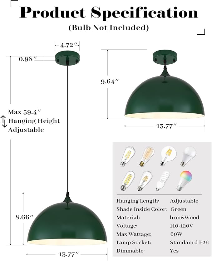 Green Pendant Lights Kitchen Island 2 Pack, 14 Inch Large Dome Pendant Light, Green Farmhouse Pendant Light, Island Pendant Lights for Kitchen, Dining Room
