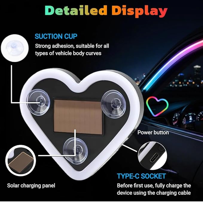 Car LED Ambient Lighting - 7 Colors 8 Modes RGB Solar Powered&USB Charging Heart-Shaped Neon Light for Window IP65 Waterproof Car Interior Light Decoration(2Pcs)