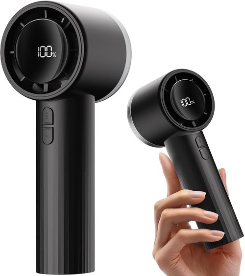 **SWEETFULL Portable Handheld Fan - Rechargeable Mini Turbo Fan with Flashlight & Digital Display | Travel Essential (Black)**