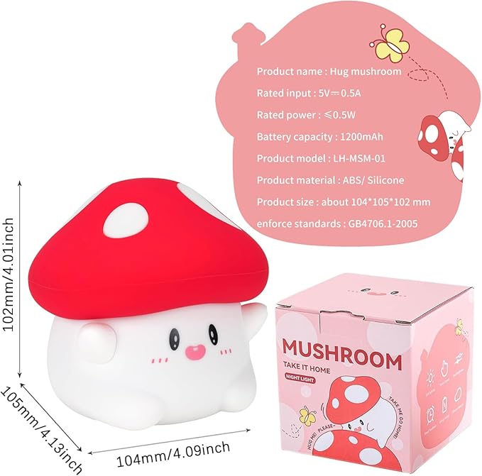 Mushroom Night Light with Squishy Soft Silicone, RGB Flashing Color, Dimmable Rechargeable Portable Touch Mushroom Gifts Decor for Girls Boys