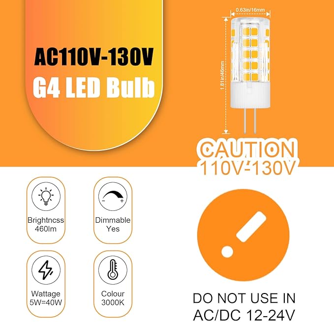 G4 LED Bulbs 120V G4 Bi-Pin Base Light Bulbs 120V 5W Warm White 3000k Equivalent to 40W Halogen for Under-Cabinet Ceiling Table Puck Lights (Pack of 5)