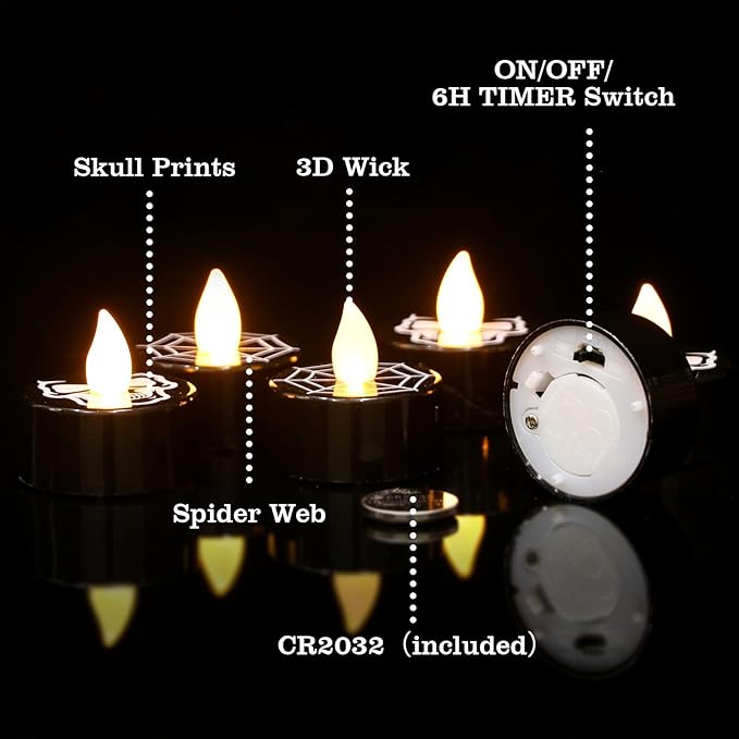 GenSwin Halloween Black Tealights Candles, Battery Operated Tea Lights Candles with Timer, 12 Pack Flameless Candles with 3D Wick, LED Votive Candles with Skull and Spiderweb Prints for Home Decor